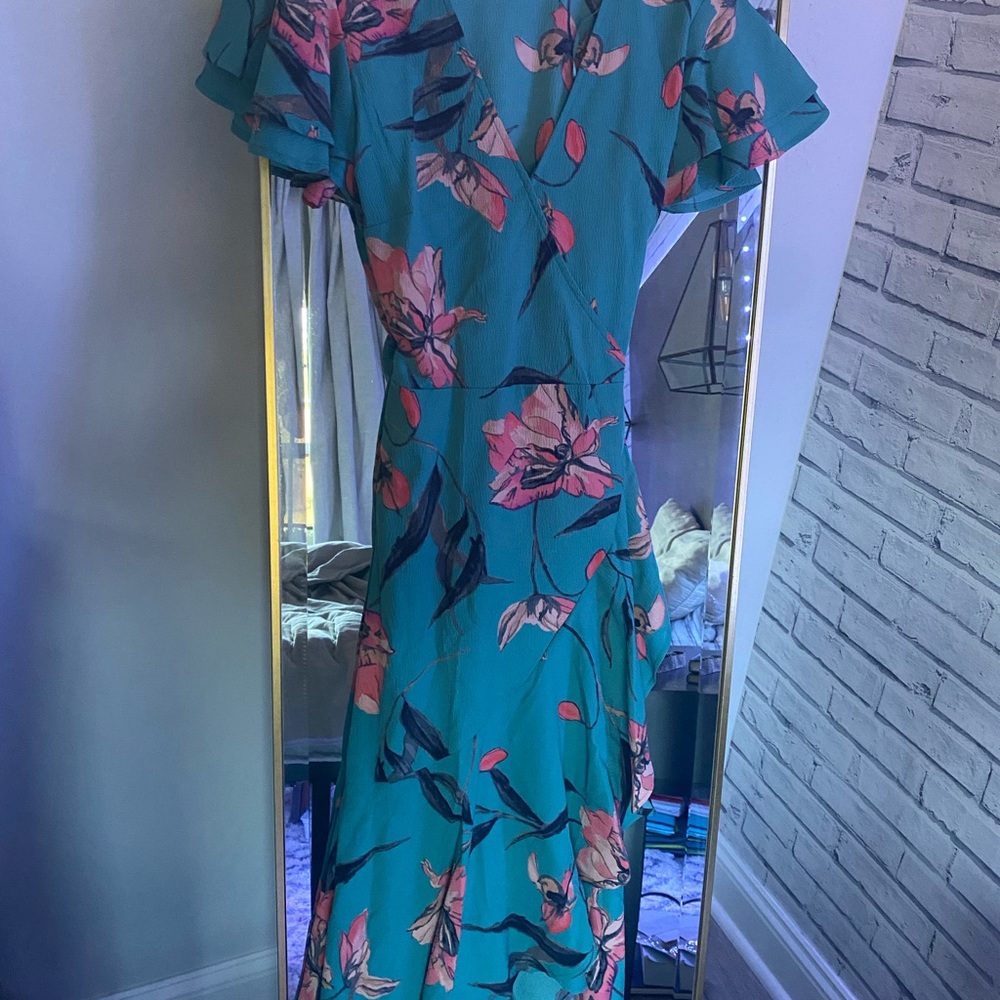 a•new•day dress / small / teal w pink, tan, grey, brown floral design